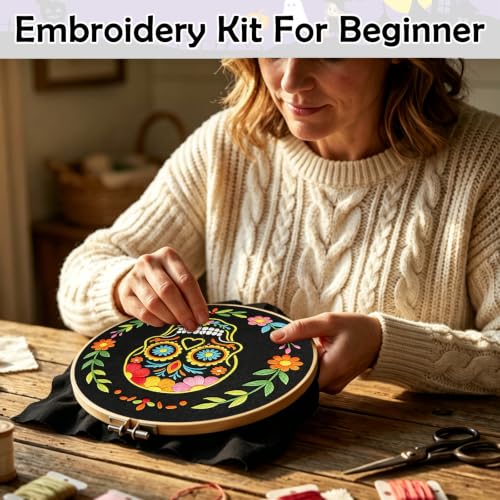 Nuberlic Sugar Skull Embroidery Kit for Beginners Adults Stamped Needlework - color: Sugar Skull