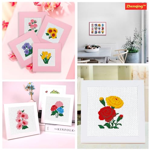 Zhenqing 12 Flowers Printed Cross Stitch Kit for Beginners - Complete Set with Pre-Printed 11CT Fabric, Threads & Needle (No Hoop Needed) (70297)