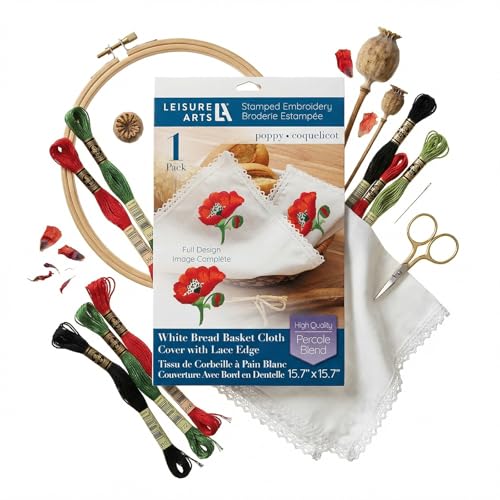 Leisure Arts Stamped Bread Basket Cloth Cover with Lace Edge - White Poppy Embroidery Kit with Printed Fabric, 15.7 x 15.7 in, DIY Needlework Kit for Adults and Beginners - color: Poppy