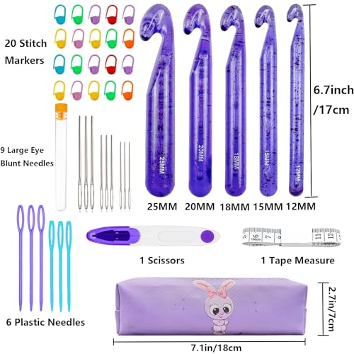 43 Pcs Large Crochet Hooks Set,12mm 15mm 18mm 20mm 25mm Large Crochet Hooks for Chunky Yarn,Plastic Crystal Smooth Big Crochet Needles for Handmade DIY Crochet with Storage Bag - color: Purple