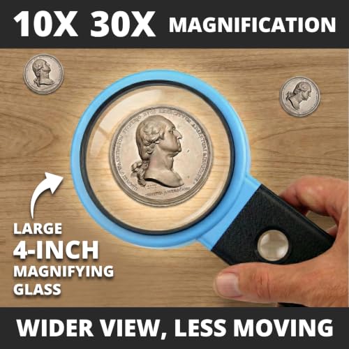 30x 10x VisionAid Hands-Free Magnifying Glass with Stand, Bright LED Light, Sturdy Storage Case - Handheld Magnifier for Reading - size: Battery Powered - 36 Ultra Bright LED with Case