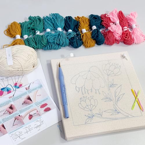 Allazone Punch Needle Kit Frame, Punch Needle Embroidery Kits, Square Punch Needle Fabric with Flower Pattern, Hoop, Yarns, Punch Needle (Beige and Pink) - color: Beige and Pink