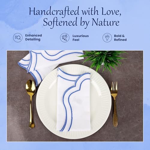 NATURALCRAFT Scalloped Cloth Napkins 18x18 in - White Edges Light Blue - color: White Napkin With- Light Blue Edges, size: 18" x 18" (Set of 6)