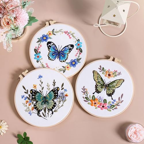 GLTAYLMY Butterfly Embroidery Kit for Beginners Adults, 3 Sets Hand Embroidery Starter Kit with Flower Pattern and Instructions Stamped Cross Stitch Kits Include Embroidery Hoop Needles Threads - color: BU2EBK