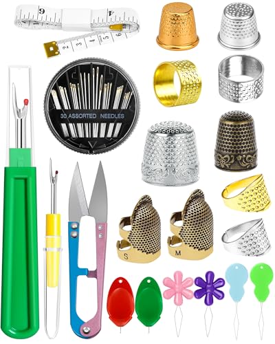 FIVEIZERO Sewing Thimble Kit for Hand Sewing, Metal Finger Protectors for Quilting, Mothers Day Gift, Includes Needle Threader, Embroidery Needles, Seam Ripper, Measuring Tape and Thread Snips - size: Upgraded Version