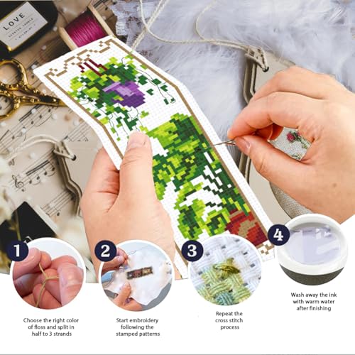 INFUNLY 6PCS Flower Plants Cross Stitch Bookmark Kit for Adults Tulip Sunflower Cross Stitch Kits DIY Crossstitch Kit Green Leaf Stamped Embroidery Bookmark Kits with Instructions for Book Lovers - style: Tulips