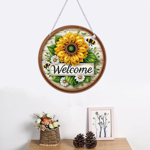 ARPADAMO Hanging Diamonds Art kit for Adult,DIY Sunflower Bee Pendant Diamonds Painting Art Kit, 7.0x7.0 inch Acrylic Diamonds Painting Board Kit Ornament, Special Crystal Diamond Hanging Ornament - color: DP02694