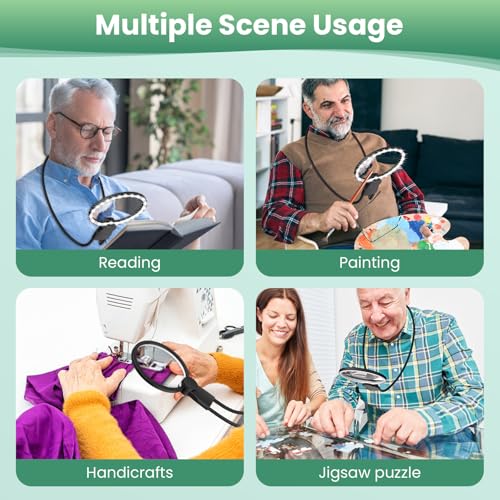 Hands Free Magnifying Glass with Light for Reading, 10X Neck Magnifying Glass with Light for Close Work with Real Glass Lens, Flexible Gooseneck Large Magnifier for Low Vision Elderly, Seniors