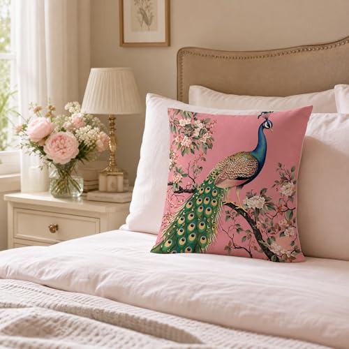18x18 Pink Chinoiserie Peacock Floral Linen Throw Pillow Cover - color: Pa10051, size: 18" x 18" (Pack of 1)