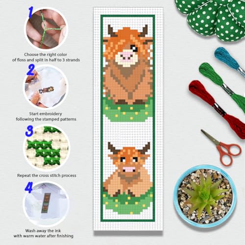 BEUNITONE 6 Pcs Highland Cow Cross Stitch Bookmark Kit for Beginner Stamped Embroidery Kit 8''2.4'' - style: Highland Cattle