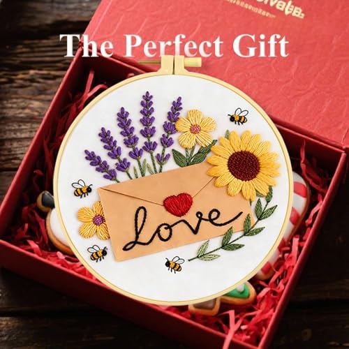 Zhenqing Love Envelope Embroidery Kit for Beginners, Pre-Printed 29x29cm Cotton Fabric with 20cm Hoop, Romantic Design with Sunflowers and Lavender (C0238)