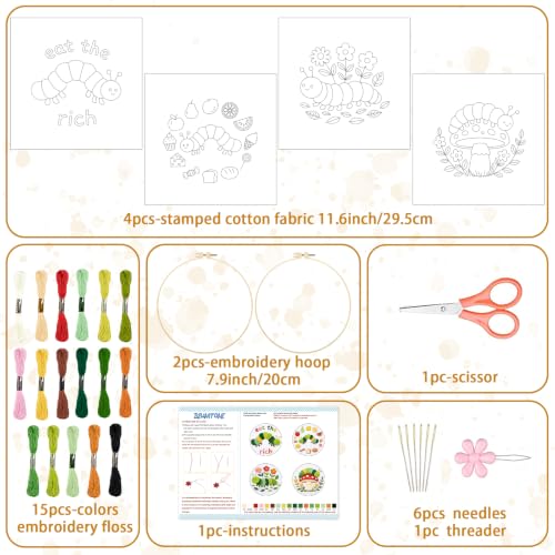 BEUNITONE 4 Set Embroidery Kits for Beginners with Easy Caterpillar Pattern, DIY Craft Kits Include Instructions and 2 Embroidery Hoops, Cross Stitch Needlepoint Kits for Craft Lover and Home Decor - style: A-Caterpillar