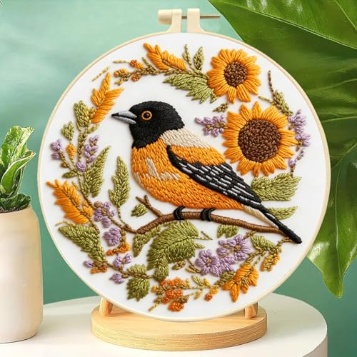 Zhenqing Bird Embroidery Kit for Beginners, Songbird & Floral Needlework Craft with Pre-Printed Cotton Fabric, Hoop, Threads & Tools, Garden Decor (C0068) - color: Bird & Sunflower Garden
