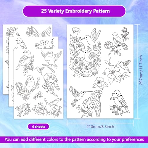 ORIGACH 4 Sheets A4 Large Water Soluble Embroidery Patterns with Flowers and Birds, Stick and Stitch Embroidery Papers with Natural Designs, Wash Away Printable for Hand Sewing Lovers - color: Flowers & Birds