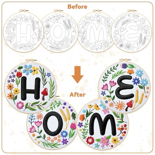 BEUNITONE 4 Set Embroidery Kit for Beginners, DIY Home Theme Pre-Stamped Pattern Needlepoint Kits for Adults with Hoop and Instruction, Funny Hand Embroidery Patterns for Cloth and Home Decor - style: D-Home Letter