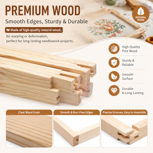 Needlepoint Stretcher Bars for Needlework, 12-Piece Wooden Canvas Frame Set with 100 Tacks, 8, 12 & 16 Inch, Tool-Free Square or Rectangle Frames for Cross Stitch, Embroidery & Quilting