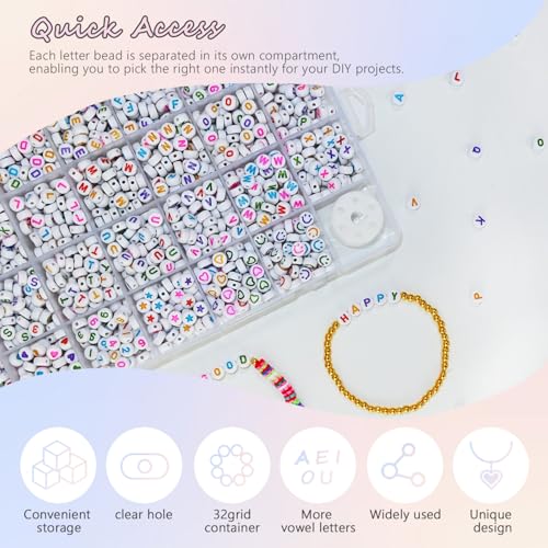 Looconi 1600pcs Colorful Letter, Star, Heart, Number, Smiley Face Beads and Elastic String 7x4mm Alphabet Beads 31 Styles for Jewelry Making - color: Colorful&LHeartStar, size: 7x4mm