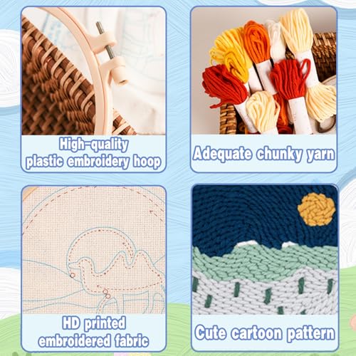 Night Mountain Punch Needle Kit for Adults – DIY Embroidery Craft Set with Pre-Printed Fabric, Hoop & Yarn, Beginner Friendly Home Decor Gift - color: landscape-night