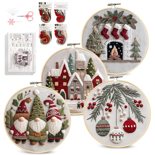 Santune Christmas Embroidery kit,Fall Needlepoint Cross Stitch Kits for Beginners Adult,Needle Point Sets,4 Embroidery,2 Hoops,Christmas Ornaments - color: Christmas x4