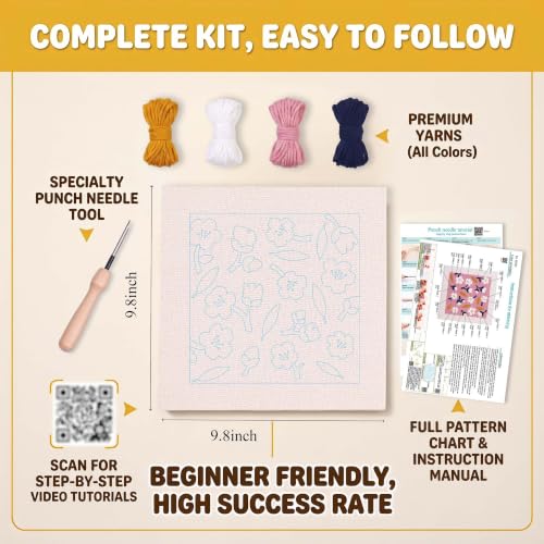 Embroidery Punch Needle kit Frame, Embroidery Starter Kits for Beginner,Punch Needle Fabric with Pattern,Threader, Yarns,Embroidery Hoops & Rug Punch(Pinksh White) - color: Pinksh white