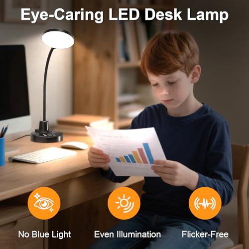 15W LED Desk Lamp with USB Charging Ports – Dimmable Table Lamp with 3 Color Temps, 5 Brightness, 4 Timers, Flexible Gooseneck Light with Base, Eye-Caring Reading Light for Home Office, Bedroom, Study - color: Black, size: 4.7'' Lamp