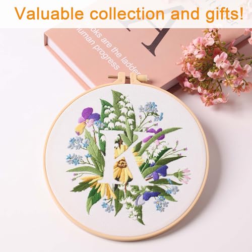 Harimau Letter K Pattern Embroidery Kit for Adult Beginners, Complete Starter Pack with 1 Hoop, Needles, Instruction Guide & Embroidery Stitch Video Tutorials - color: K