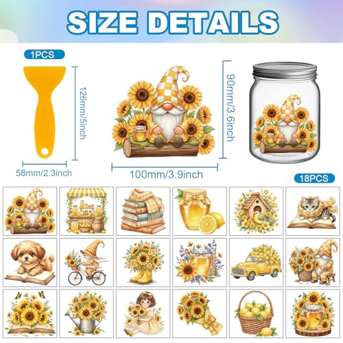 GLOBLELAND 18 Sheets Sunflower Gnome Transfer Stickers 3.9x3.6inch - style: Sunflower Gnome
