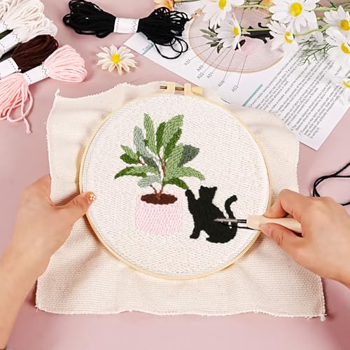 KESTAR Punch Needle Embroidery Starter Kits, Black Cat Flower Punch Needle Kits for Adults Beginner, Needle Punch Kit Tool with Instruction Threader Fabric Yarns and Hoop - color: Black Cat