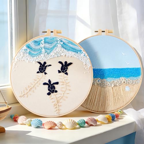 Embroidery Kit for Beginner Adults, Stamped Cross Stitch kits for Adults Beginners, Ocean Hand Embroidery Starter Needlepoint Kit, 2 Set Embroidery Supplies, 2 Hoops (Attached Teaching Video QR Code) - color: Beach, size: 8inch