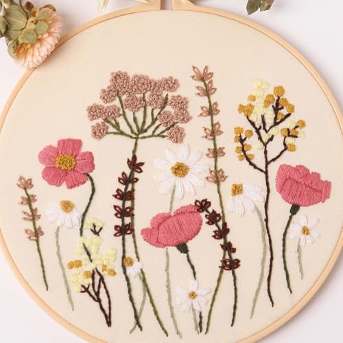 Harimau Adult Beginner Embroidery Starter Kit, Complete Set with 4 Patterns, 2 Hoops, Needles, Scissors, Instruction Guide & Stitching Video Tutorials - color: Floral4 pattern