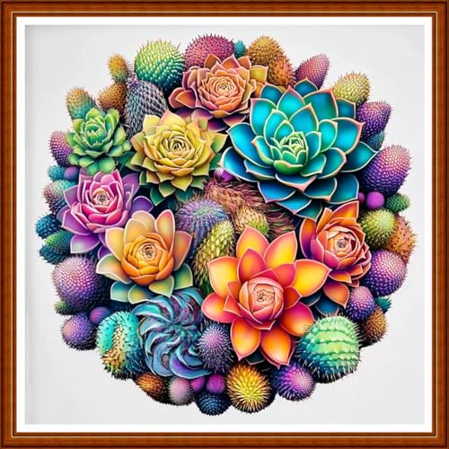 Redxing Counted Cross Stitch Kit for Beginners,Unprinted Needlepoint Kits for Beginners Cross Stitching Embroidery Kit 11CT Stitches kit-Wreath Succulent Plant 18x18 inch - color: SetColor06