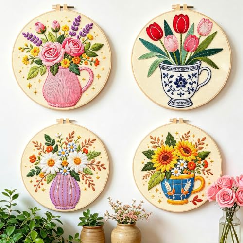 BEUNITONE 4 Set Embroidery Kits for Beginners, Flower Arrangement Design with Pre-Stamped Pattern Craft Kits Include Instruction and Hoops, 7.9x7.9 Needlepoint Kits for Festival Gifts and Home Decor - style: B-Flower Arrangement