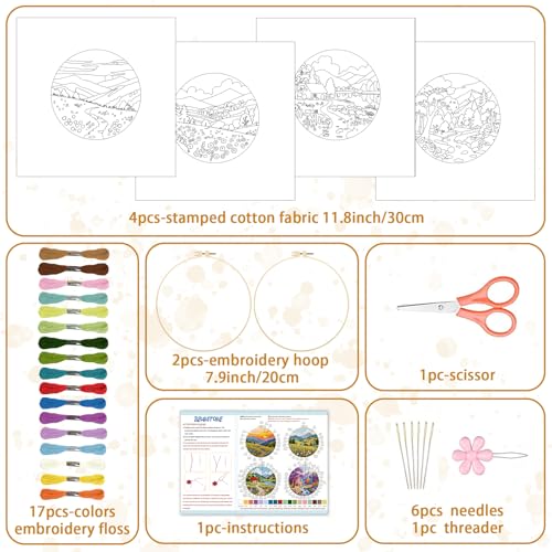 BEUNITONE 4 Set Fairy Tale Landscape Embroidery Kit for Beginners 7.9"x7.9" Pre-Stamped Pattern Needlepoint Kits with Hoop, Tools & Instruction, Handamde Embroidery Kits for Fabric and Home Decor - style: C-Natural Scenery