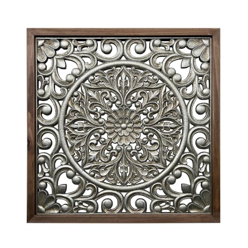 XIAOAIKA Boho Carved Wood Wall Art Panel, Floral Mandala, Distressed Silver - color: Silver