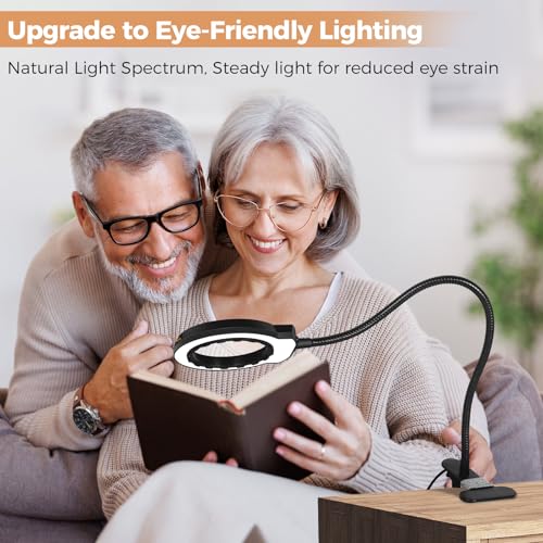 Magnifying Glass with Light and Clamp Desktop Bigger 10X Magnifier Desk Clip on Lamp for Close Work, Bed Book Reading,Crafting,Sewing, Soldering, USB (Black, 18.6 inch)
