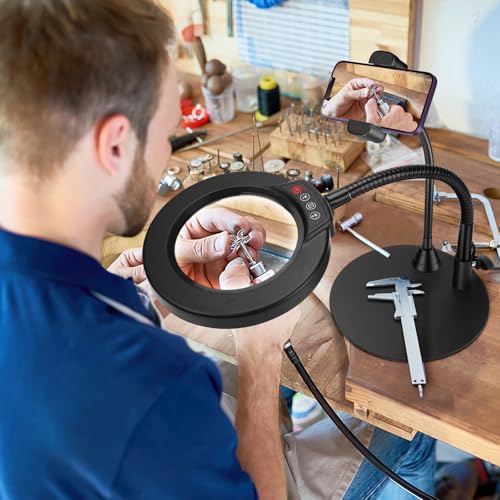 10X Magnifying Glass with Light and Phone Holder, 5 Color Modes Stepless Dimmable LED Lighted Desk Lamp with Stand, Hands Free Magnifier with Flexible Goose-Neck for Craft Hobby Painting, Black - color: Black and Phone Holder, size: 10X-12.6in