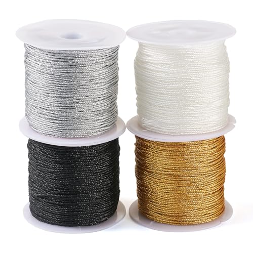 Beadthoven 4 Rolls Metallic Cord Twine 109 Yards Metallic Thread Colored Tinsel String Crafts Cord Tag Cord for Christmas Ornament Hanging Decoration Jewelry Making Thread 0.8mm Gold Black White Gray