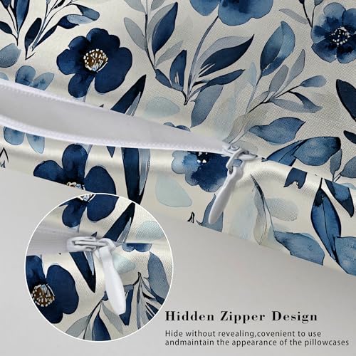 Satin Pillowcase for Hair and Skin Watercolor Blue Flowers and Leaves Super Soft and Cooling Similar to Silk Pillow Case 1 Pack with Hidden Zipper Silky Soft Zippered Satin Pillowcase20 x30 - color: Watercolor Blue Flowers and Leaves