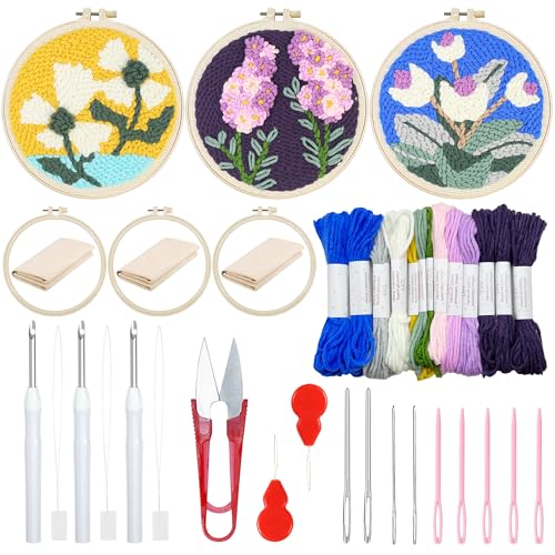 Woohome Punch Needle Kit Included Plastic Hoops, Punch Needle Cloth, Color Yarn and Punch Needle Tools for Adults, Beginners (White and Purple Flowers) - color: Color 18