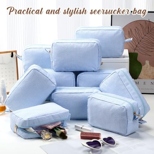 Sanwuta 10 Pcs Seersucker Cosmetic Bag Seersucker Makeup Bag Women Stripe Large Travel Toiletry Organizer Preppy Storage Pouch for Embroidery Wedding Bridesmaid Bride Mom (Light Blue) - color: Light Blue