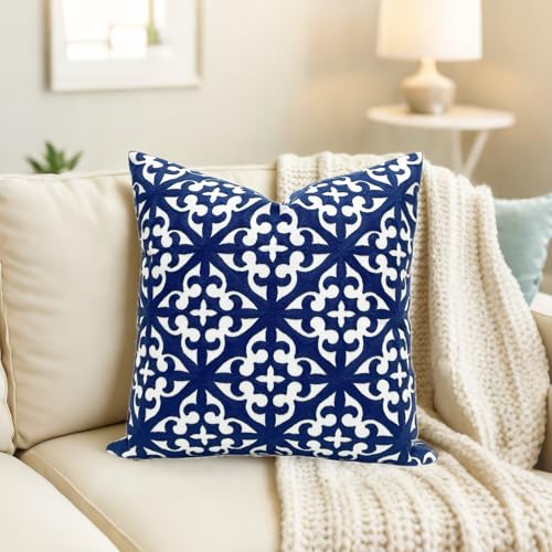 Slow Cow Embroidered Throw Pillow Cover 18 x 18 Inch Navy Blue - color: Navy White, size: 18" x 18" (Pack of 1)