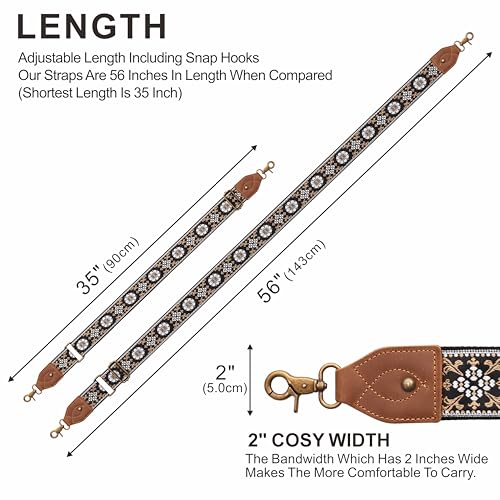 Nefelibata Banjo Strap,2"Wide Double Crazy Horse Leather Jacquard Embroidery Strap Adjustable Replacement,Multi-pattern Strap With Metal Clips - color: A#-retro White Flower