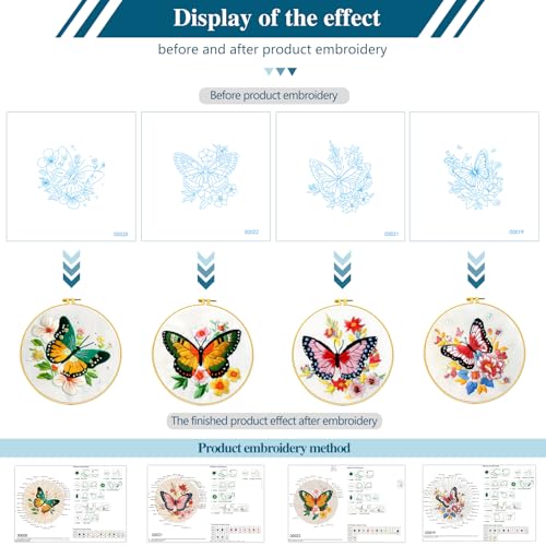 Zhenqing Butterfly Embroidery Kit 11.4x11.4 Inch - Complete Embroidery Set with Fabric, Threads, Needles & Hoop - Beginner-Friendly DIY Craft Kit for Adults (C0040) - color: C0040