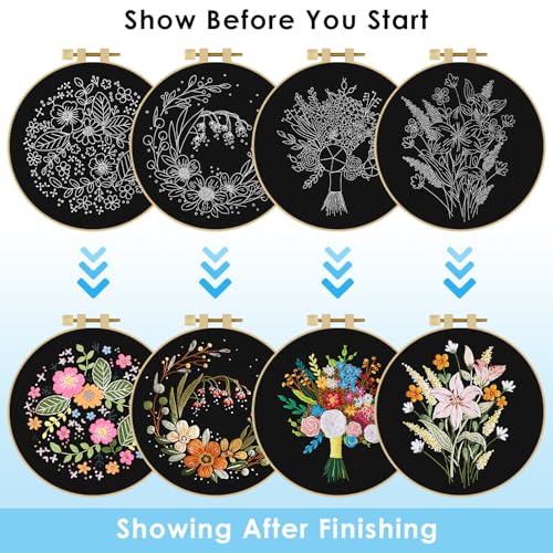 ERKOON 4 Sets Embroidery Kit, Floral Cross Stitch Set for Include Embroidery Cloth Hoops Threads for Craft Lover Hand Stitch(Floral) - color: Floral