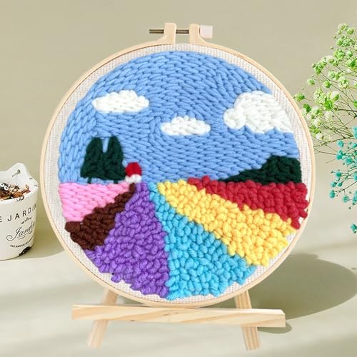 Woohome Punch Needle Kit Included Plastic Hoops, Punch Needle Cloth, Color Yarn and Punch Needle Tools for Adults, Beginners (Sunset and Flower Fields) - color: Color 26