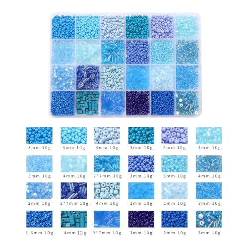 24 Grid Blue Glass Seed Bugle Tube Beads Kit for Jewelry Making DIY Craft - color: Blue, size: 24 Grid
