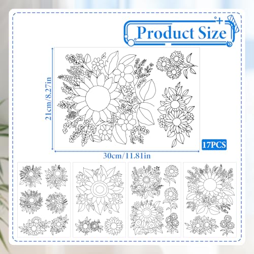 17 PCS Water Soluble Embroidery Patterns Sunflowers Bouquets Stick and Stitch Embroidery Patterns Wash Away Transfer Paper for Hand Sewing Lover Beginners