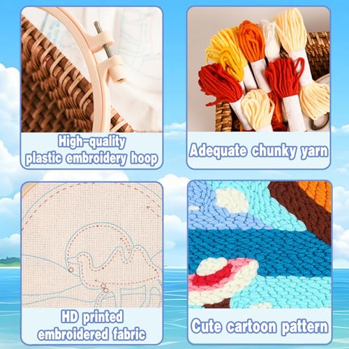 Ocean Seaside Punch Needle Kit for Beginners, Crochet Kit for Adult, All-in-One DIY Craft Set with Pre-Printed Fabric, Embroidery Hoop, Threads, Tools, Ideal Craft Gift, Home Decor - color: SUN-OCEAN