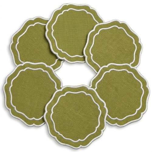 Linen Coasters for Drinks Set of 6, Oliver - color: 1121 - Olive, size: 6 inches