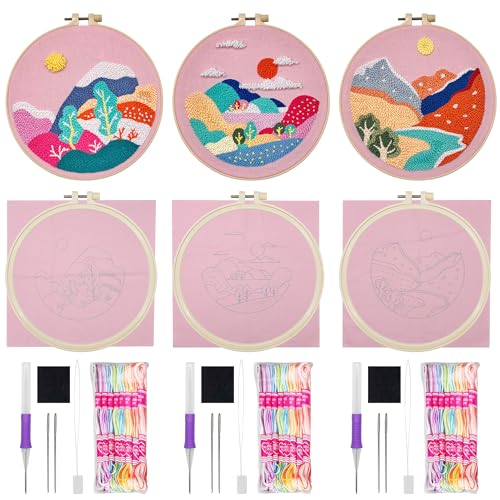 Allazone 3 Set Punch Needle Embroidery Kits, Punch Needle Kits for Adults Beginner, Punch Needle Tool with Punch Needle Cloth, Yarns and Sewing Needles (Sunset and Mountains) - color: sunset